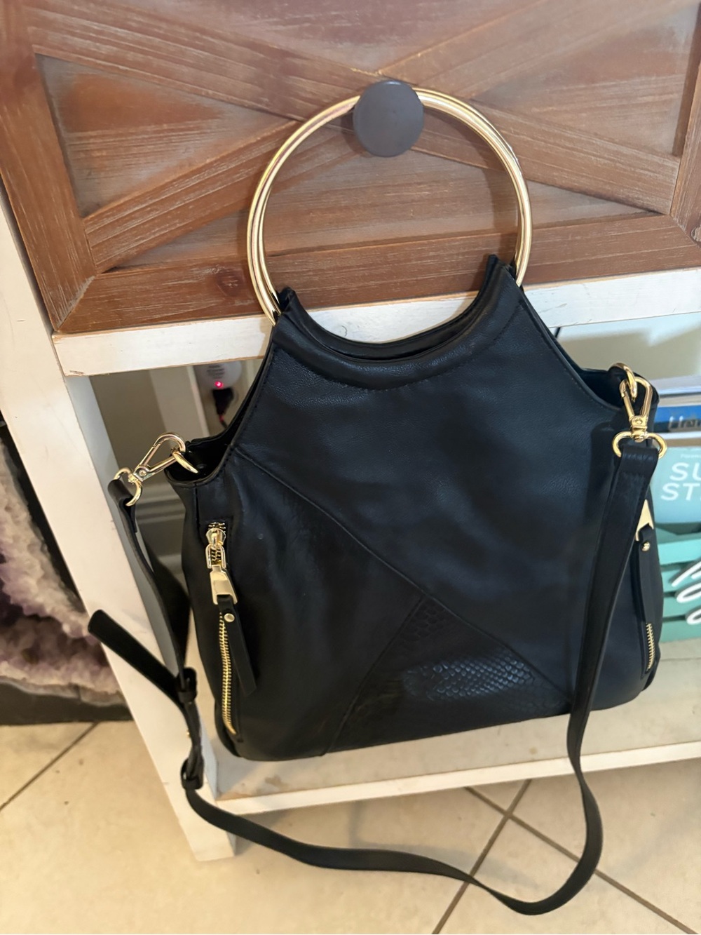 INC International Concepts Black Shoulder Bag with Gold Ring Handles